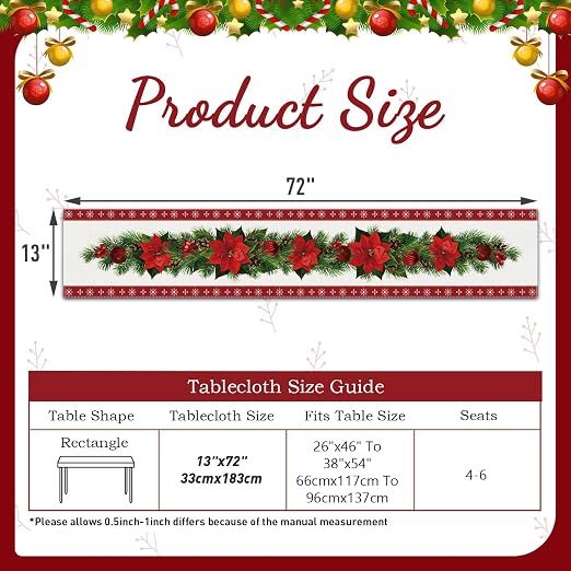 Set of 2 rustic-style red Christmas table runners featuring snowflake and poinsettia patterns, measuring 33 x 183 cm