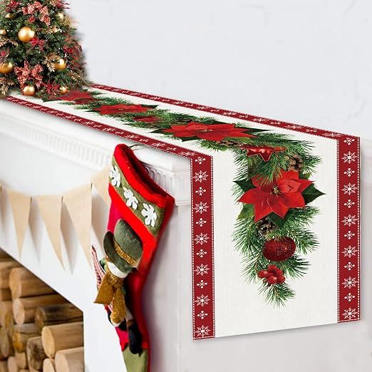 Set of 2 rustic-style red Christmas table runners featuring snowflake and poinsettia patterns, measuring 33 x 183 cm