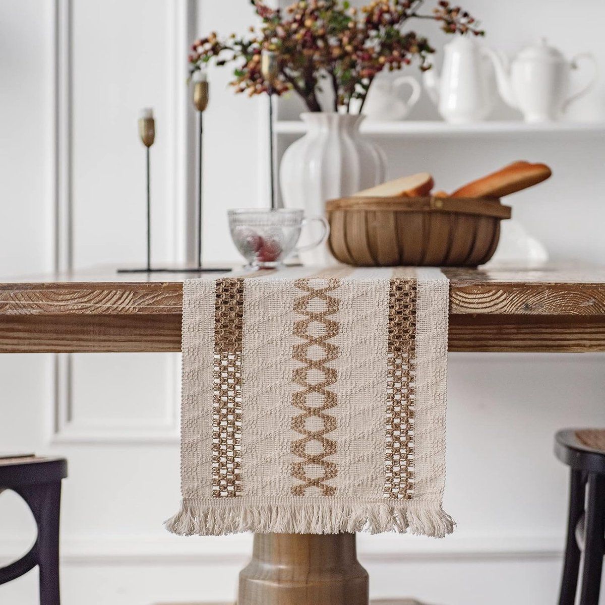 Jute Table Runner with Tassels, White and Brown 30 x 180 cm Hemp Rope Table Scarf for Garden Party, Boho and Christmas Decor