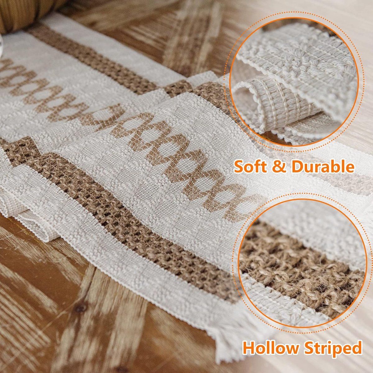 Jute Table Runner with Tassels, White and Brown 30 x 180 cm Hemp Rope Table Scarf for Garden Party, Boho and Christmas Decor