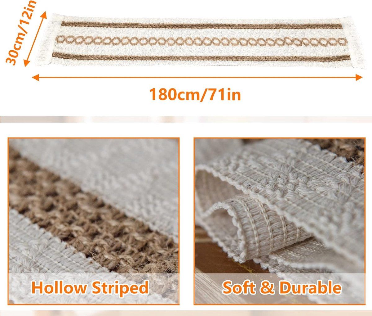 Jute Table Runner with Tassels, White and Brown 30 x 180 cm Hemp Rope Table Scarf for Garden Party, Boho and Christmas Decor