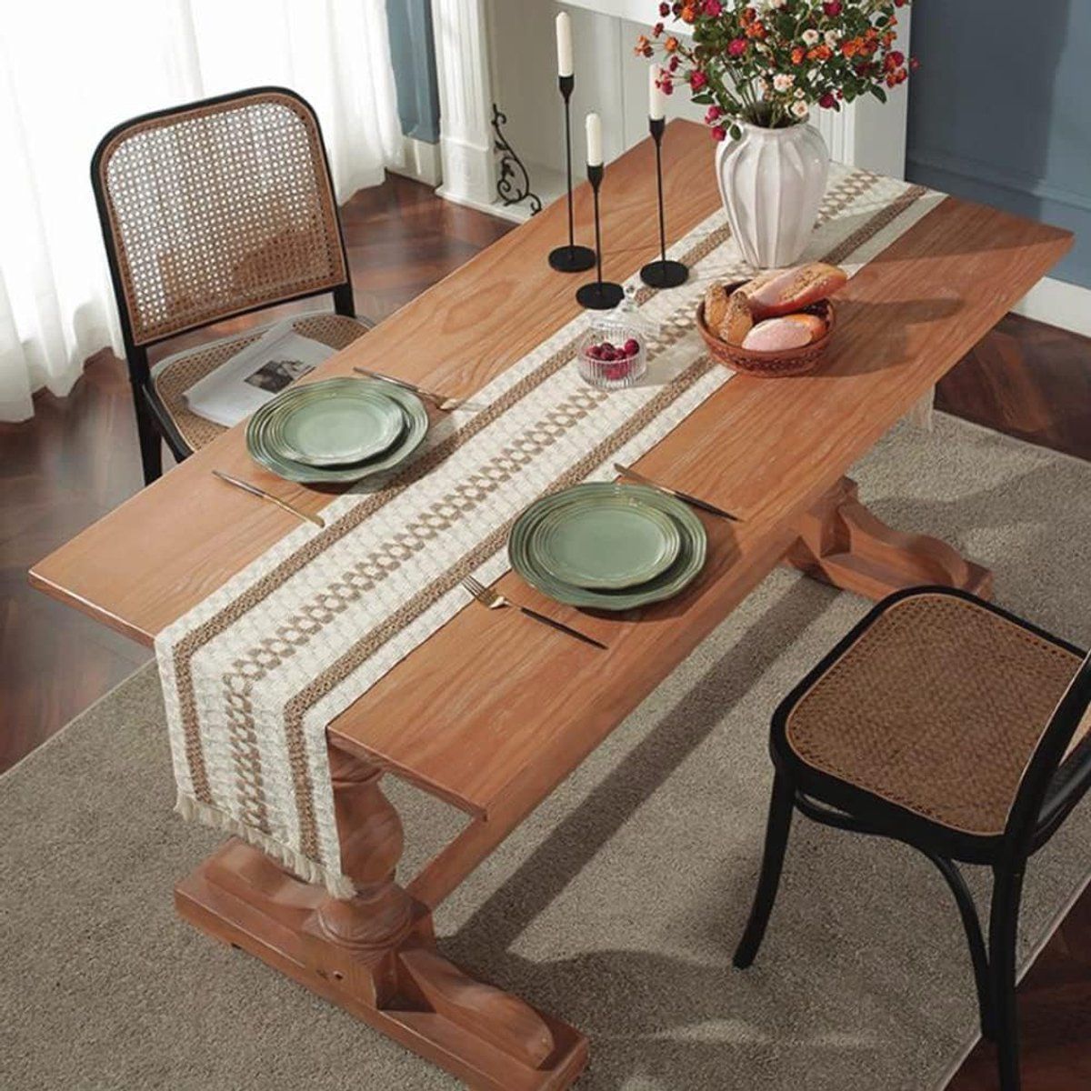 Jute Table Runner with Tassels, White and Brown 30 x 180 cm Hemp Rope Table Scarf for Garden Party, Boho and Christmas Decor