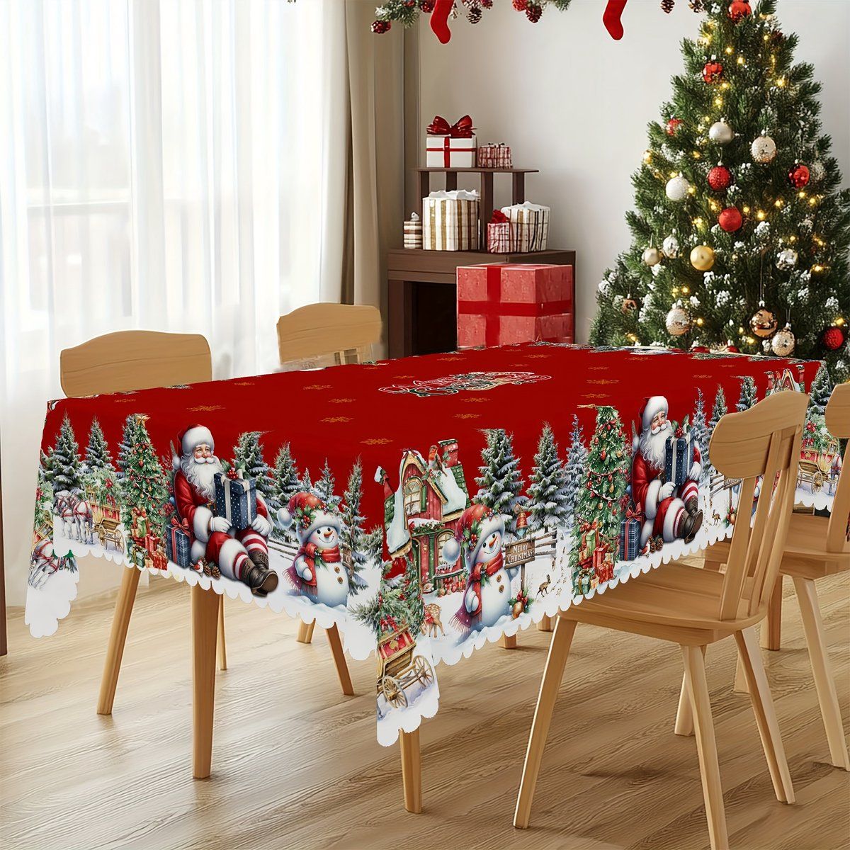 Christmas Tablecloth with Santa, Snowman and Christmas Tree Print, Rectangular Holiday Table Cover for Christmas and New Year, 150 x 220 cm