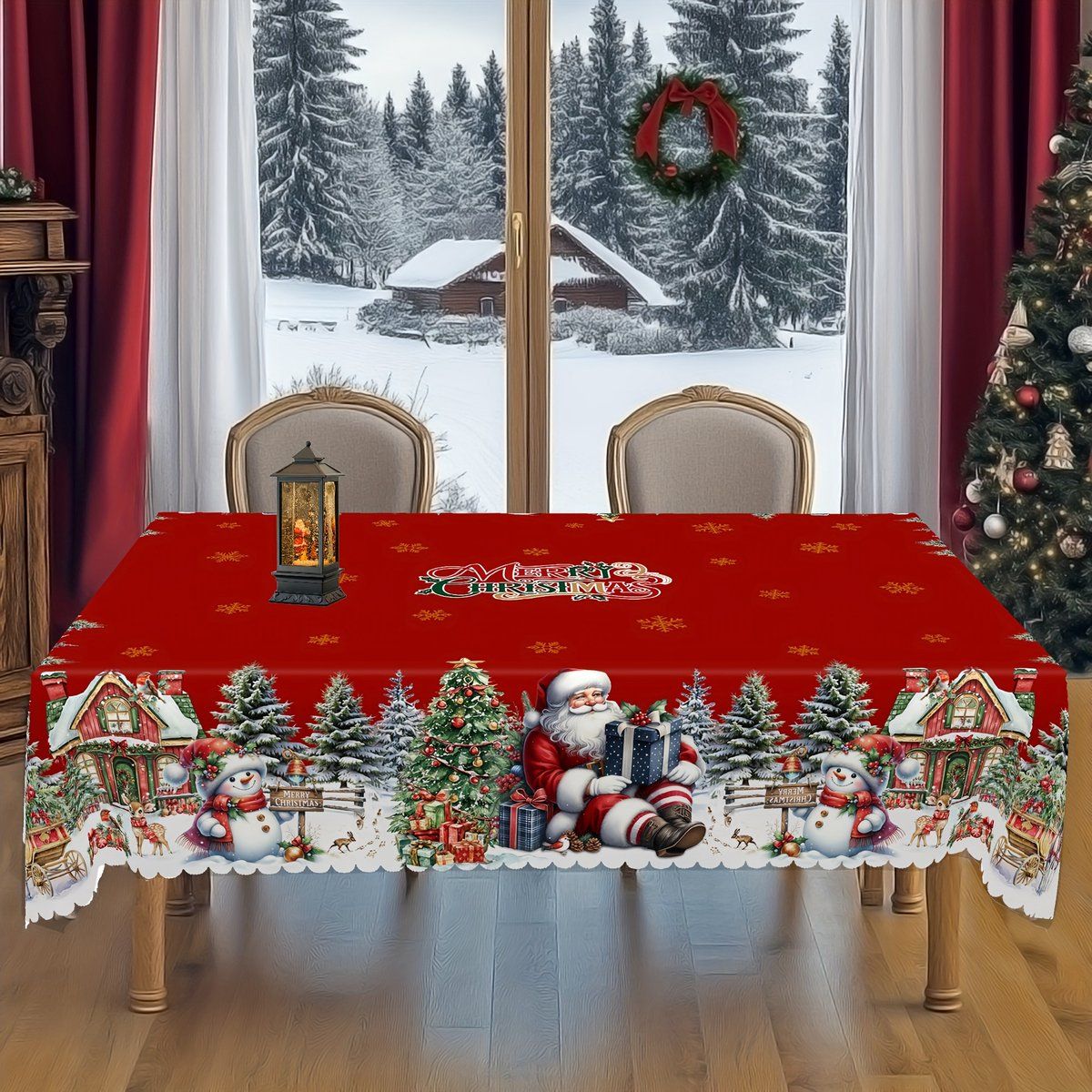 Christmas Tablecloth with Santa, Snowman and Christmas Tree Print, Rectangular Holiday Table Cover for Christmas and New Year, 150 x 220 cm