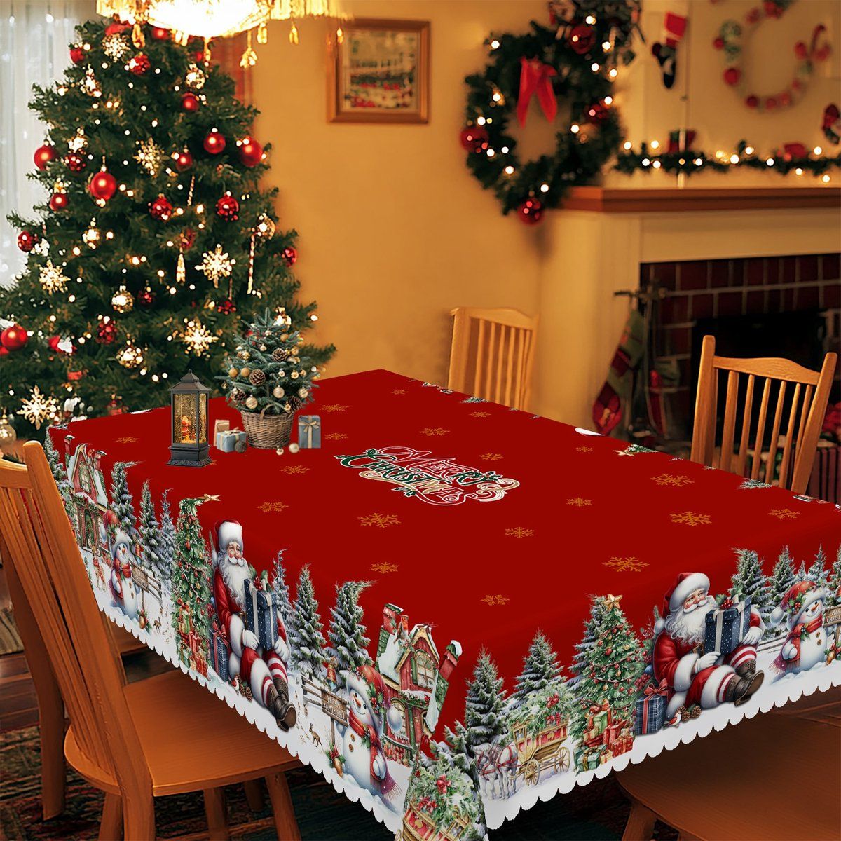 Christmas Tablecloth with Santa, Snowman and Christmas Tree Print, Rectangular Holiday Table Cover for Christmas and New Year, 150 x 220 cm