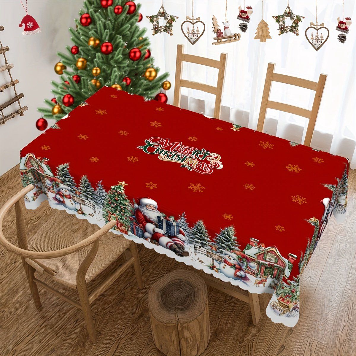 Christmas Tablecloth with Santa, Snowman and Christmas Tree Print, Rectangular Holiday Table Cover for Christmas and New Year, 150 x 220 cm