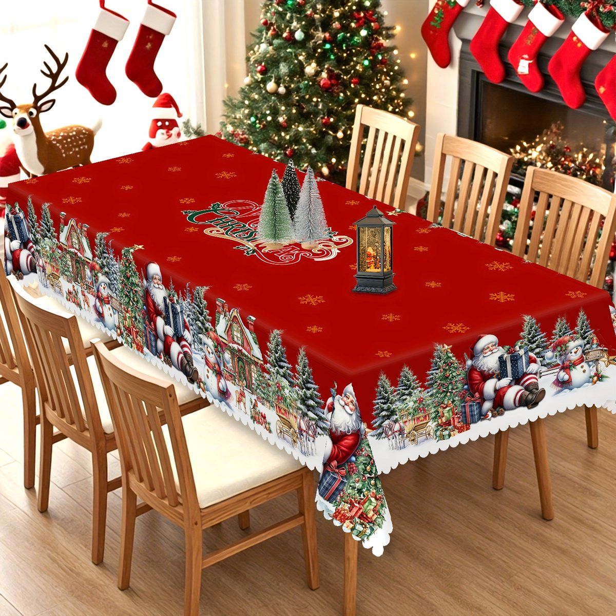 Christmas Tablecloth with Santa, Snowman and Christmas Tree Print, Rectangular Holiday Table Cover for Christmas and New Year, 150 x 220 cm