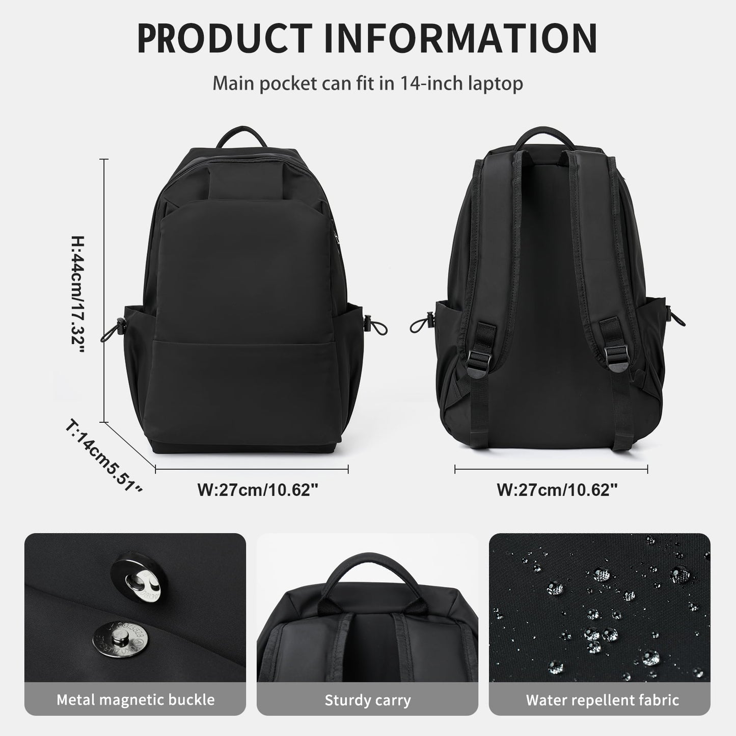 BJLFS Unisex Lightweight Water-Resistant Backpack Black