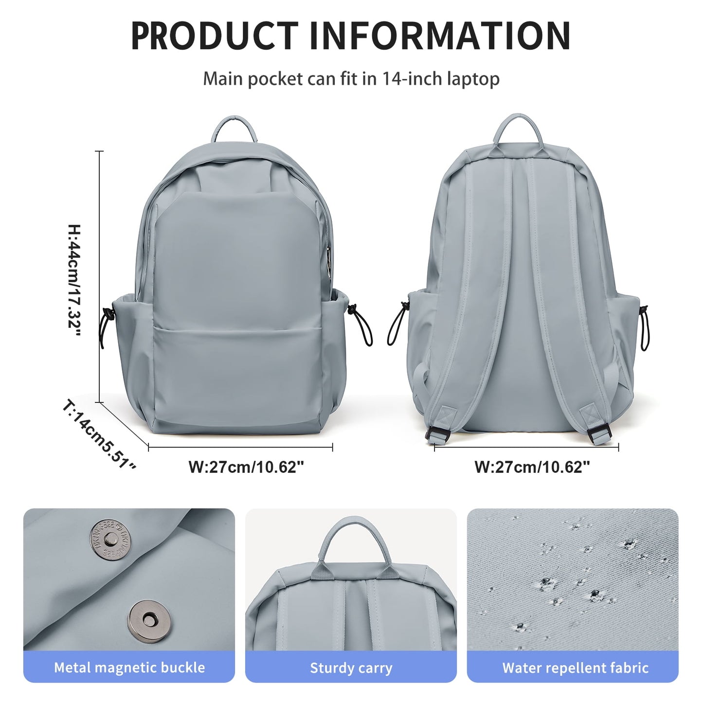 BJLFS Unisex Lightweight Water-Resistant Backpack, Black Blue