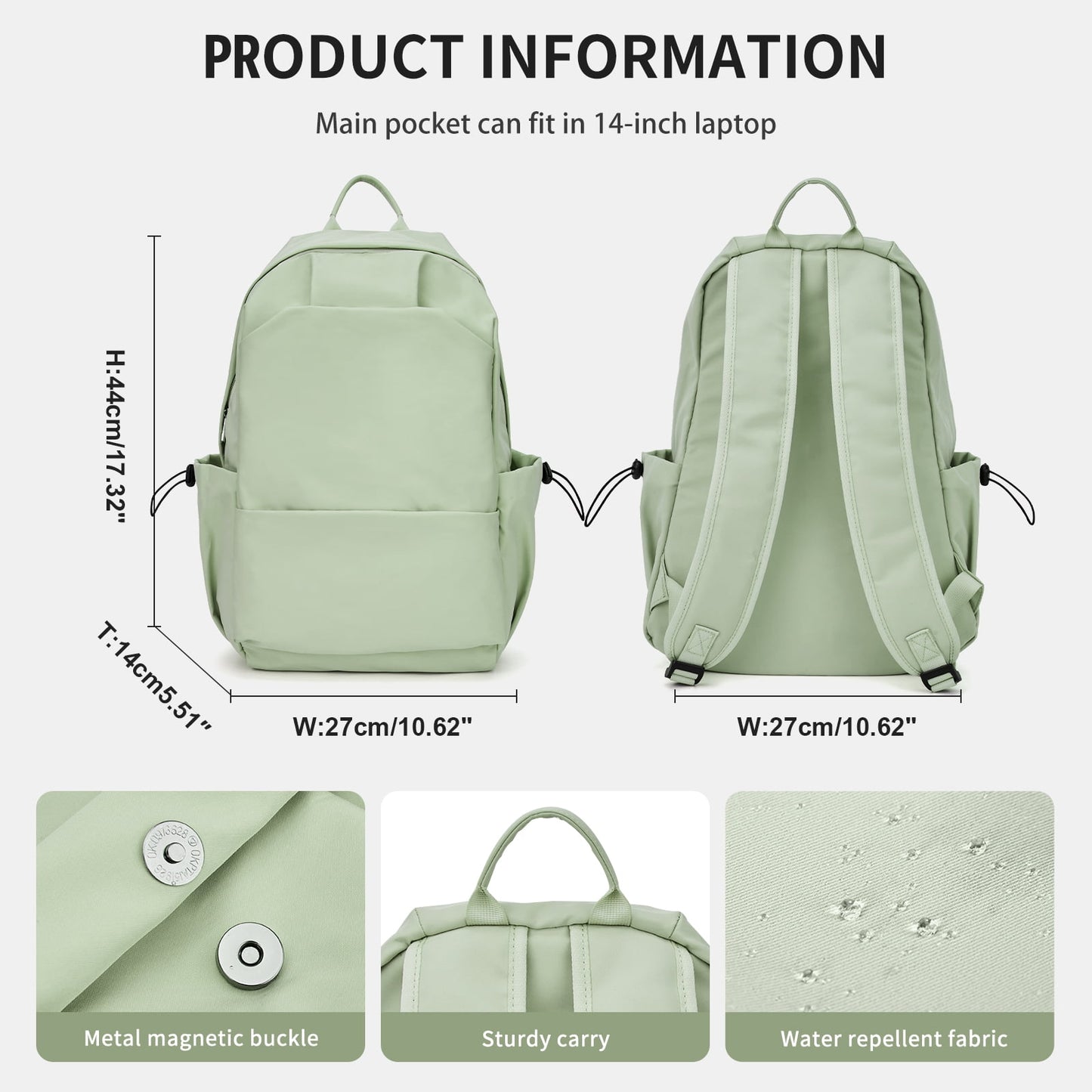 BJLFS Unisex Lightweight Water-Resistant Backpack, Black Light Green