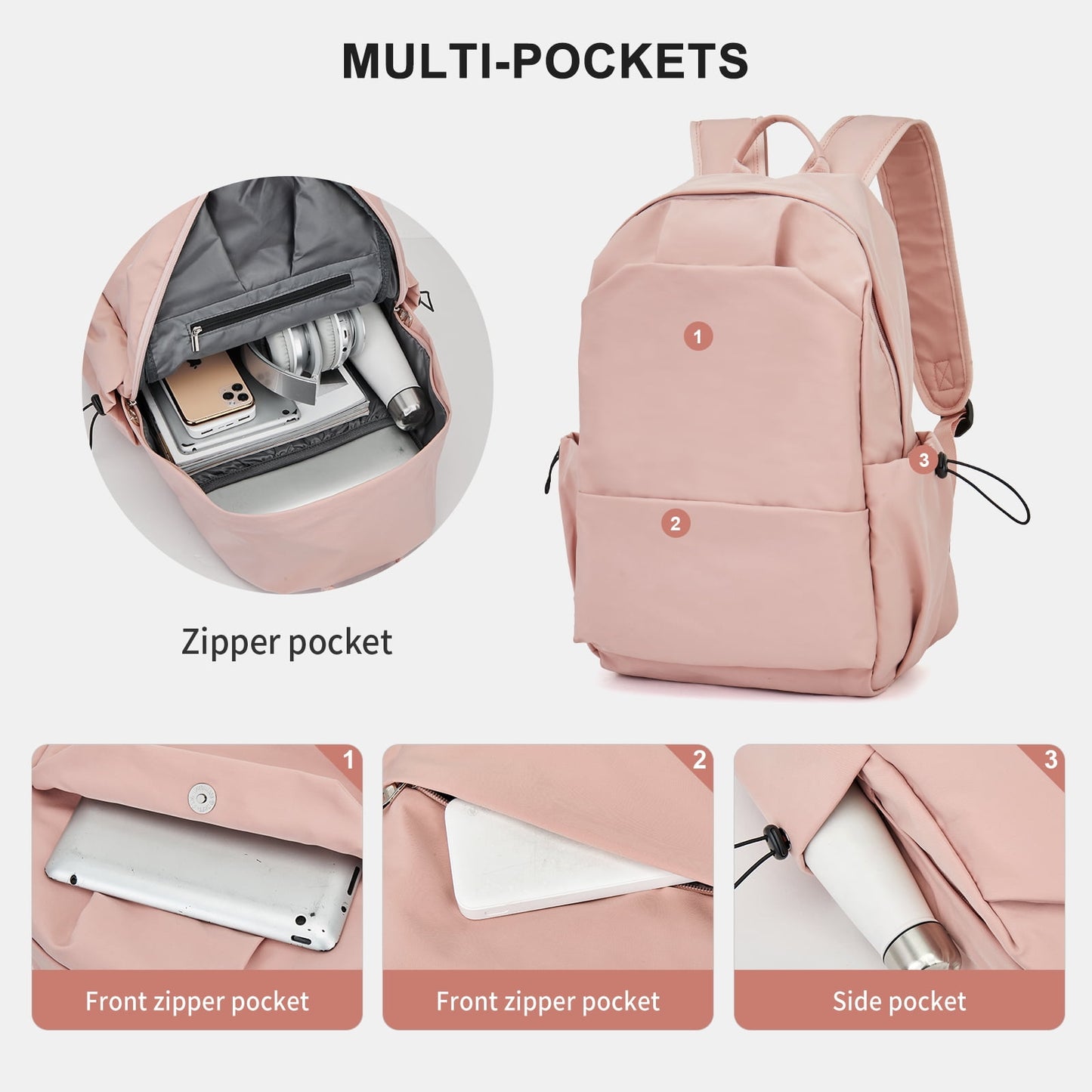 BJLFS Unisex Lightweight Water-Resistant Backpack, Black Pink