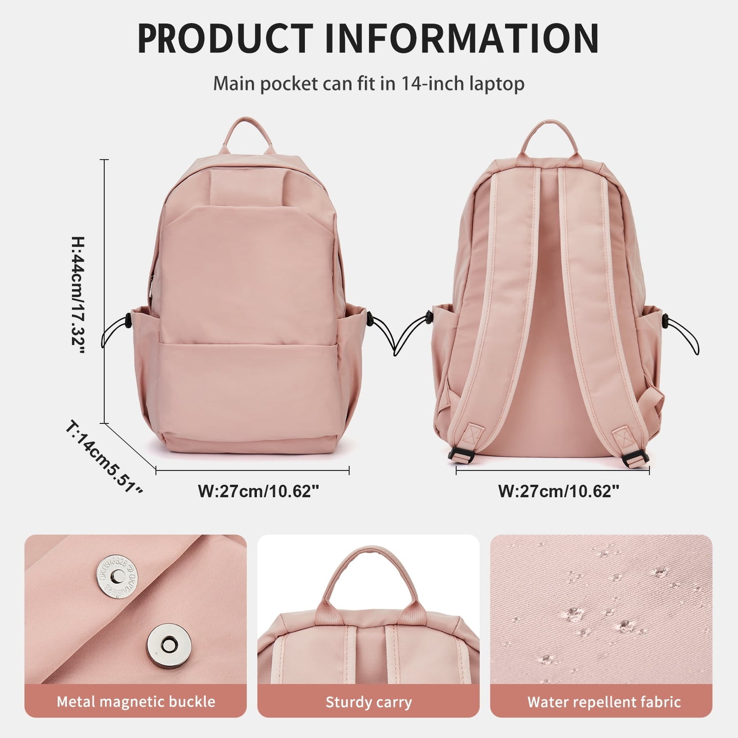 BJLFS Unisex Lightweight Water-Resistant Backpack, Black Pink