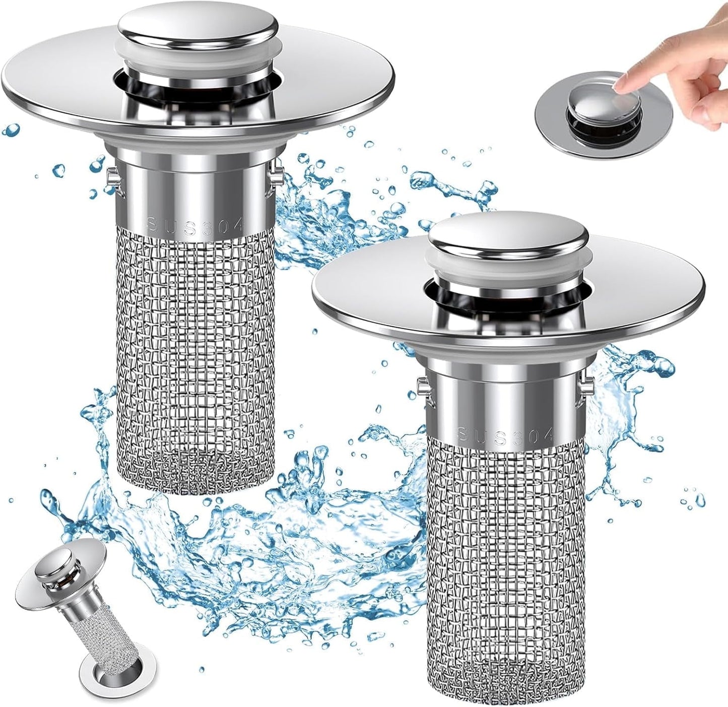 Bathroom Sink Drain Stopper - Pop Up Drain Plug with 2 Replacement Filters Basket, Removable Stainless Steel Floor Drain Filter, Anti Clogging Sink Strainer Hair Catcher for Washroom (Silver)