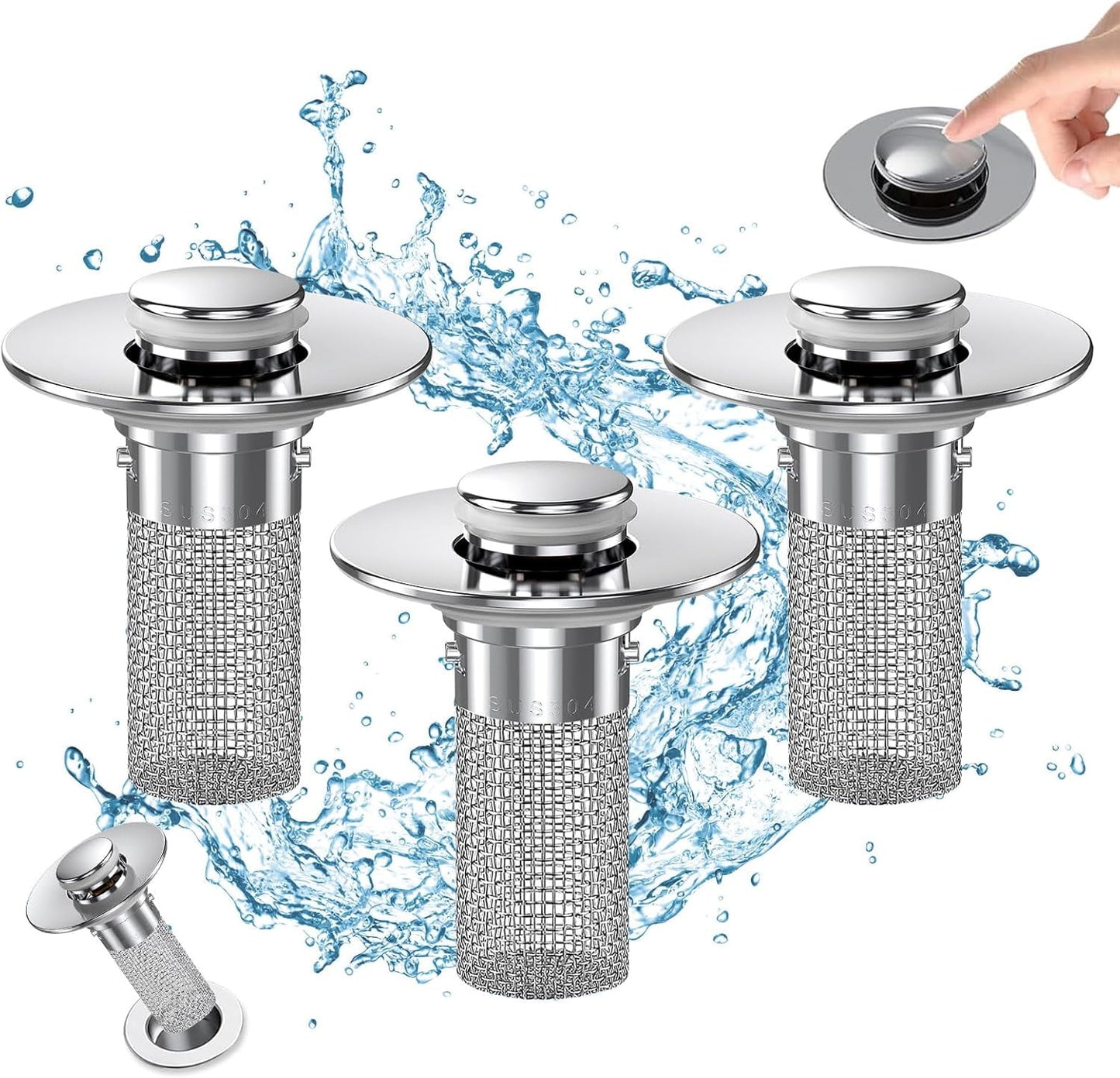 Bathroom Sink Drain Stopper - Pop Up Drain Plug with 2 Replacement Filters Basket, Removable Stainless Steel Floor Drain Filter, Anti Clogging Sink Strainer Hair Catcher for Washroom (Silver)
