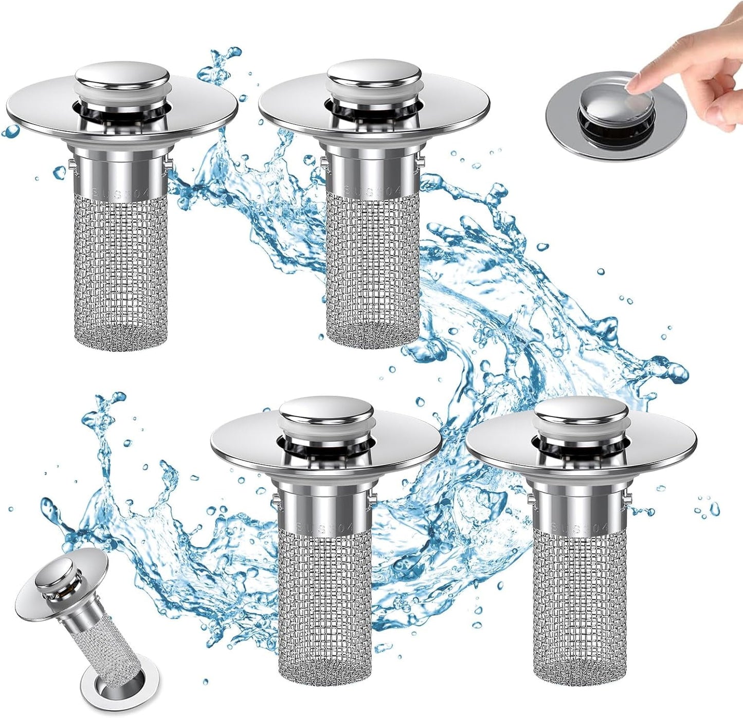 Bathroom Sink Drain Stopper - Pop Up Drain Plug with 2 Replacement Filters Basket, Removable Stainless Steel Floor Drain Filter, Anti Clogging Sink Strainer Hair Catcher for Washroom (Silver)