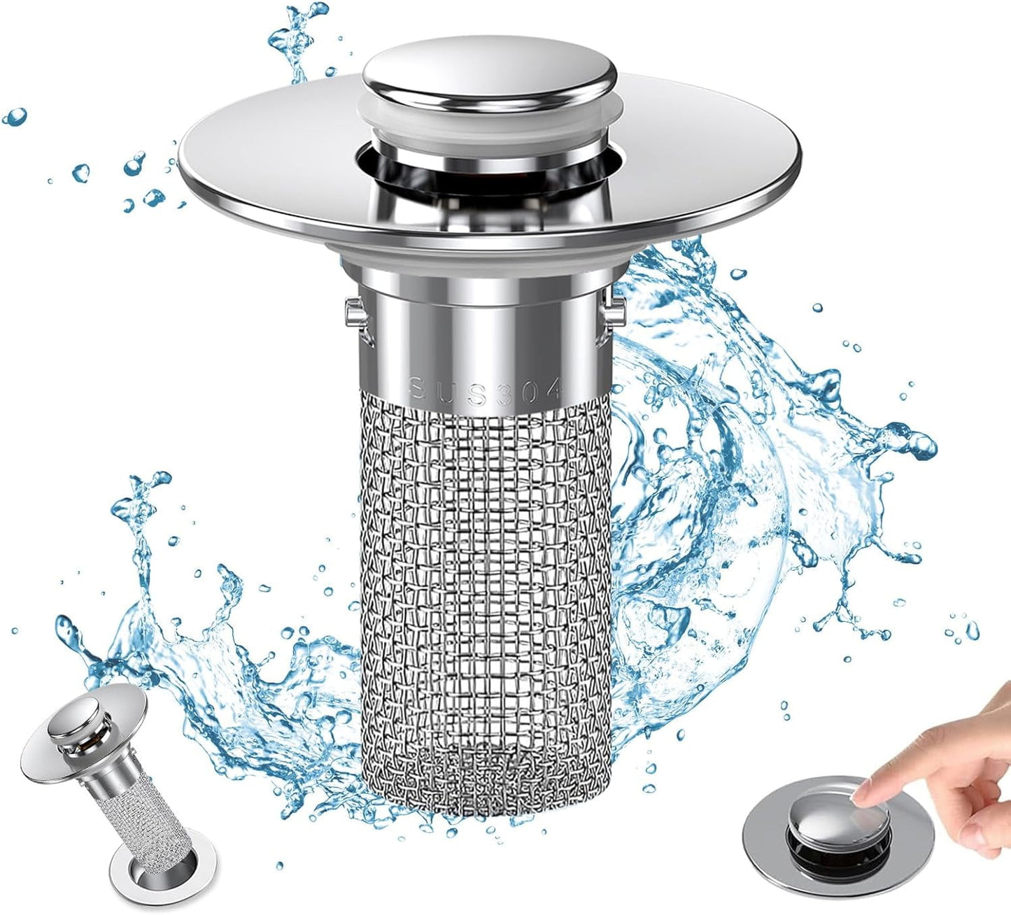 Bathroom Sink Drain Stopper - Pop Up Drain Plug with 4 Replacement Filters Basket, Removable Stainless Steel Floor Drain Filter, Anti Clogging Sink Strainer Hair Catcher for Washroom (Silver)