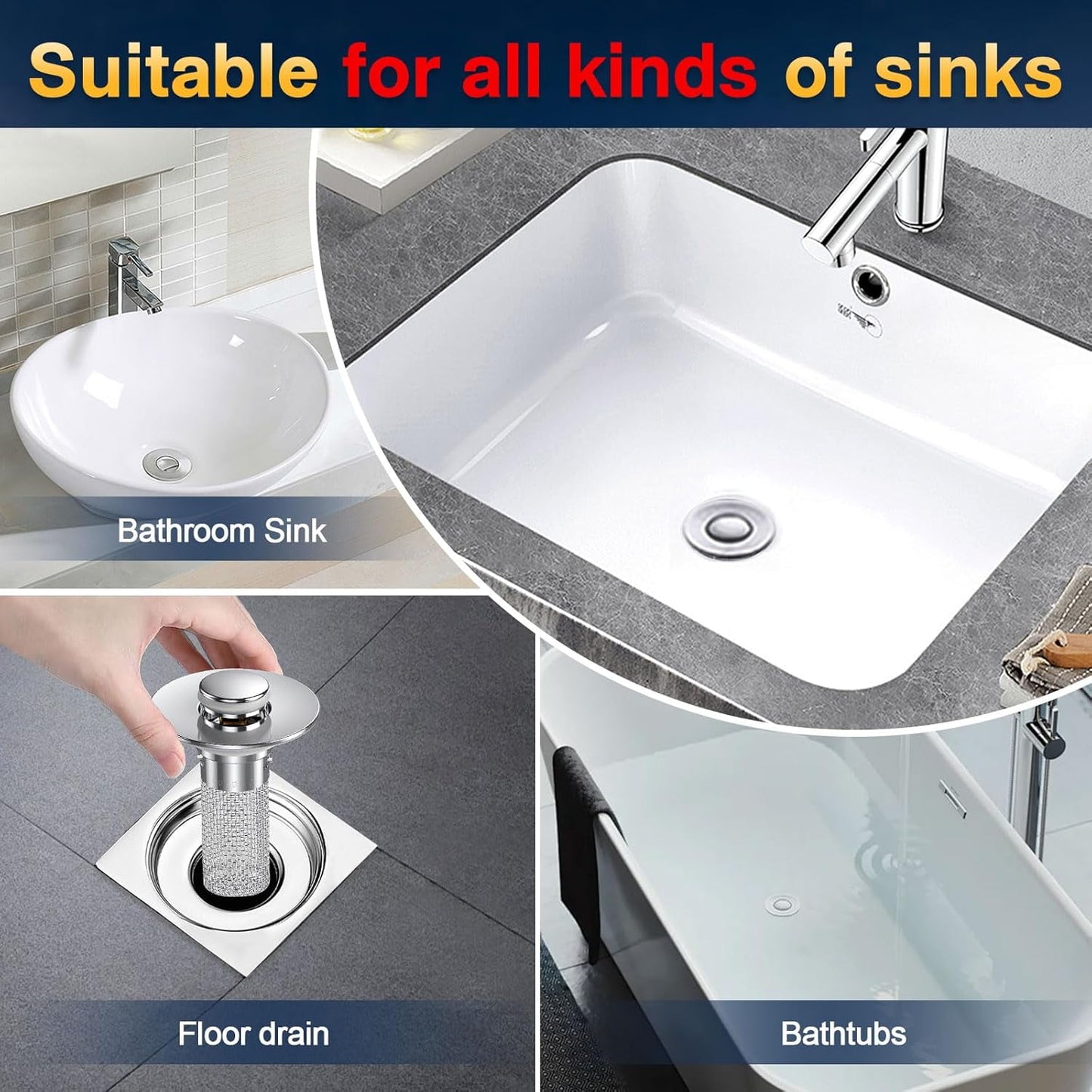 Bathroom Sink Drain Stopper - Pop Up Drain Plug with 4 Replacement Filters Basket, Removable Stainless Steel Floor Drain Filter, Anti Clogging Sink Strainer Hair Catcher for Washroom (Silver)