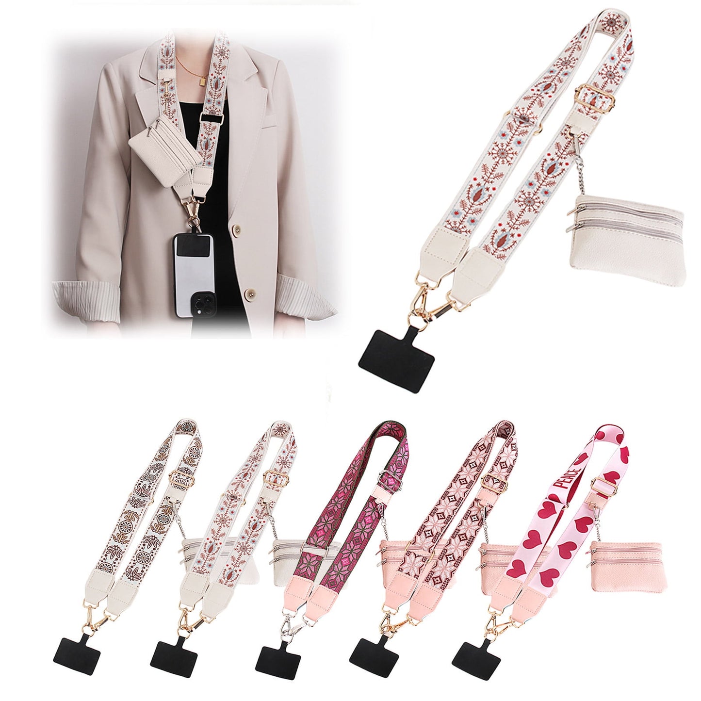 Clip and Go Phone Strap with Zipper Pouch,Crossbody Adjustable Chain Lanyard with PU Leather Wallet for All Phones B