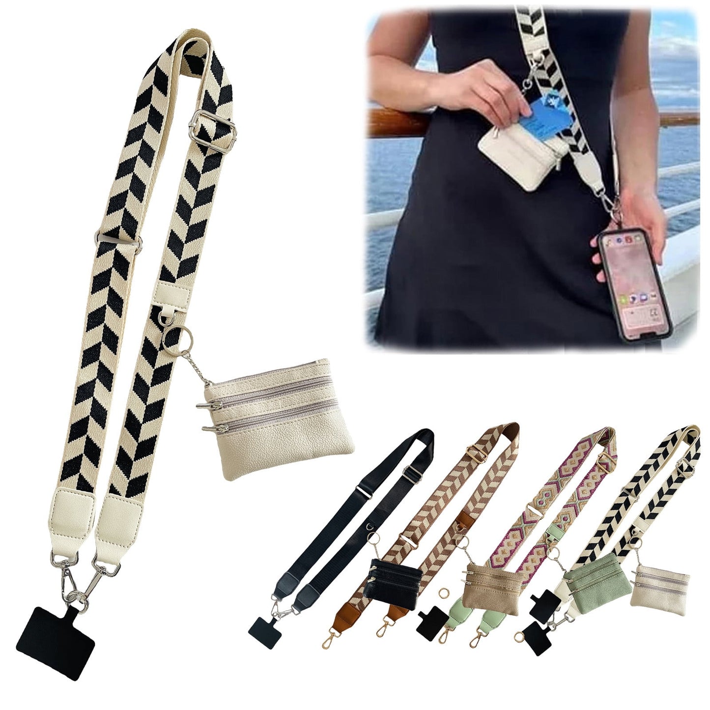 Clip and Go Phone Strap with Zipper Pouch,Crossbody Adjustable Chain Lanyard with PU Leather Wallet for All Phones Beige