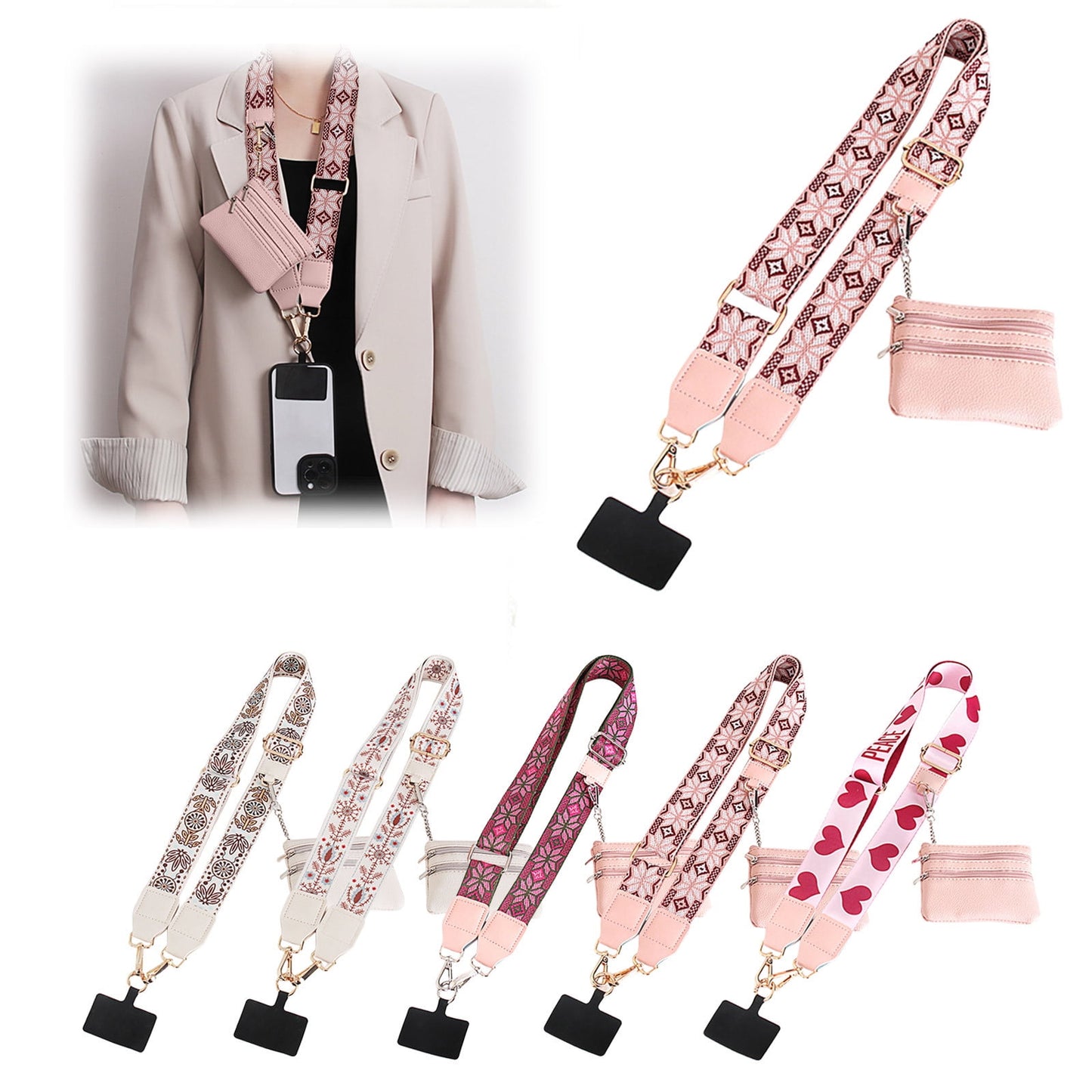 Clip and Go Phone Strap with Zipper Pouch,Crossbody Adjustable Chain Lanyard with PU Leather Wallet for All Phones D