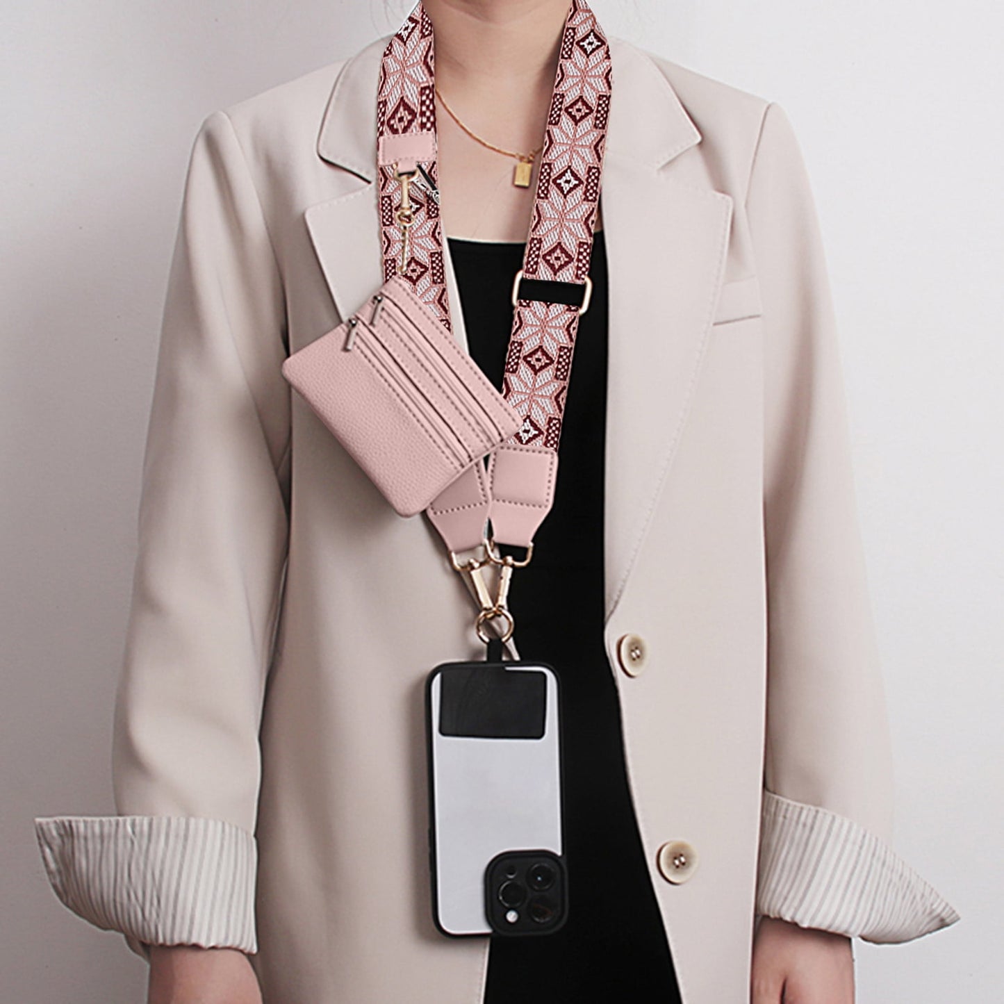 Clip and Go Phone Strap with Zipper Pouch,Crossbody Adjustable Chain Lanyard with PU Leather Wallet for All Phones D