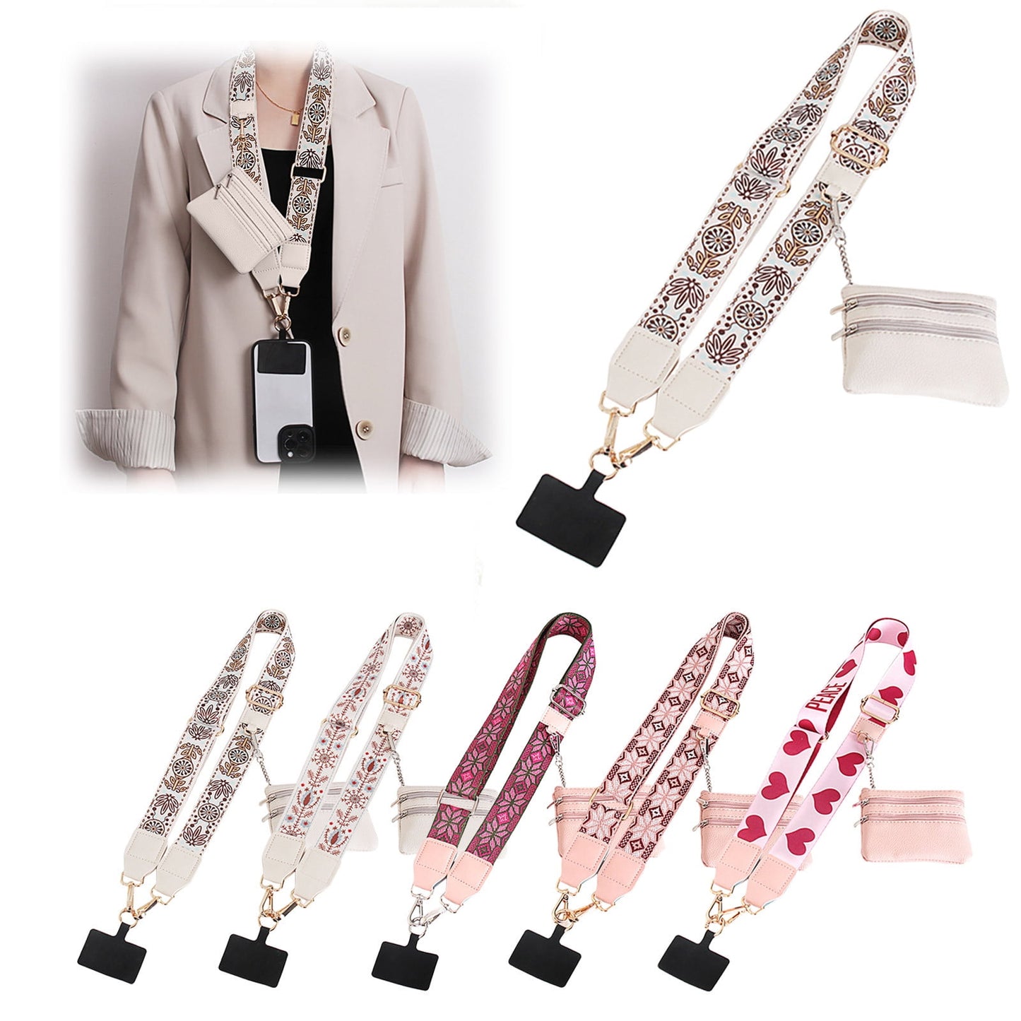 Clip and Go Phone Strap with Zipper Pouch,Crossbody Adjustable Chain Lanyard with PU Leather Wallet for All Phones F-A 2PCS