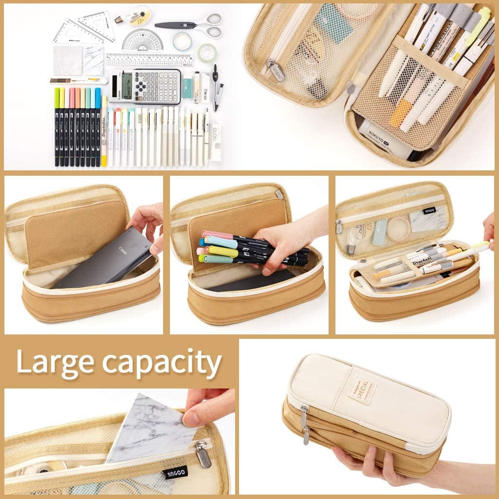 CICIMELON Big Capacity Pencil Pen Case Large Storage Pencil Bag Pouch Organizer (Purple) Khaki