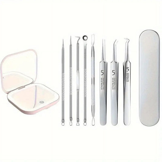 BYXAS Pimple Popper Tool Kit, 8 PCS Professional Stainless Steel Blackhead Remover Comedone Extractor Tools for Removing Zit on Face - Acne Removal Kit with Metal Case (Silver) 8 PCS with Makeup Mirror