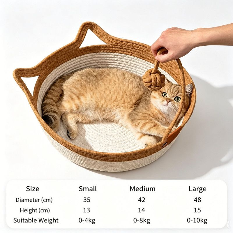 Cat Bed Rope Cotton, Cotton Rope Woven Round Cat Beds Basket with Built-in Teasing Ball, Handwoven Foldable Scratchable for Small & Large pet Brown（L）