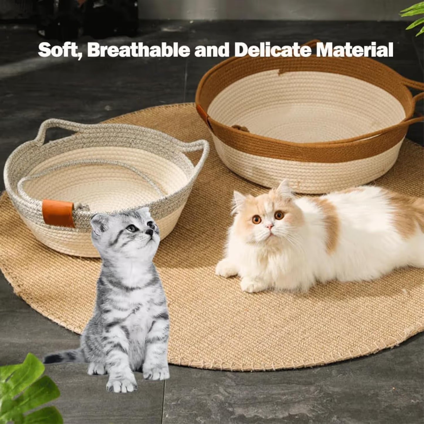 Cat Bed Rope Cotton, Cotton Rope Woven Round Cat Beds Basket with Built-in Teasing Ball, Handwoven Foldable Scratchable for Small & Large pet Brown（S）