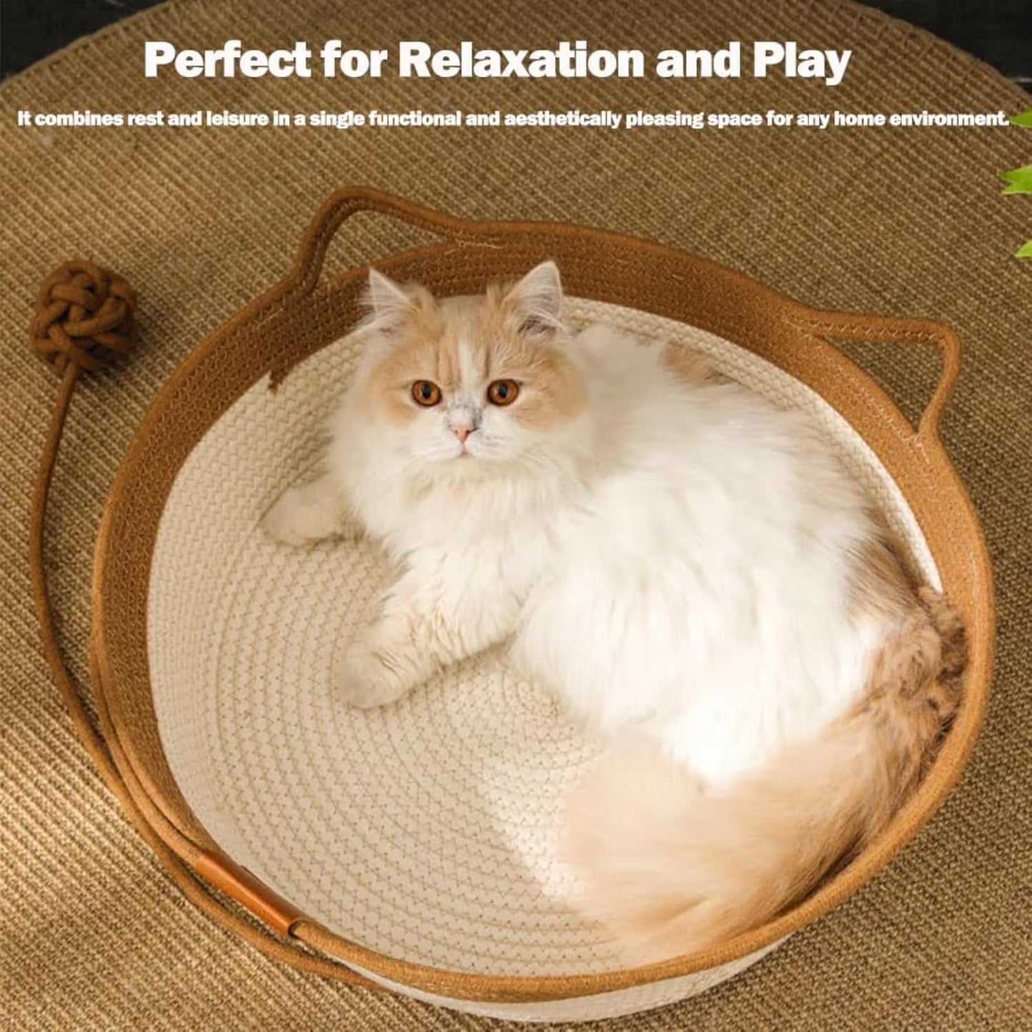 Cat Bed Rope Cotton, Cotton Rope Woven Round Cat Beds Basket with Built-in Teasing Ball, Handwoven Foldable Scratchable for Small & Large pet Gray（L）