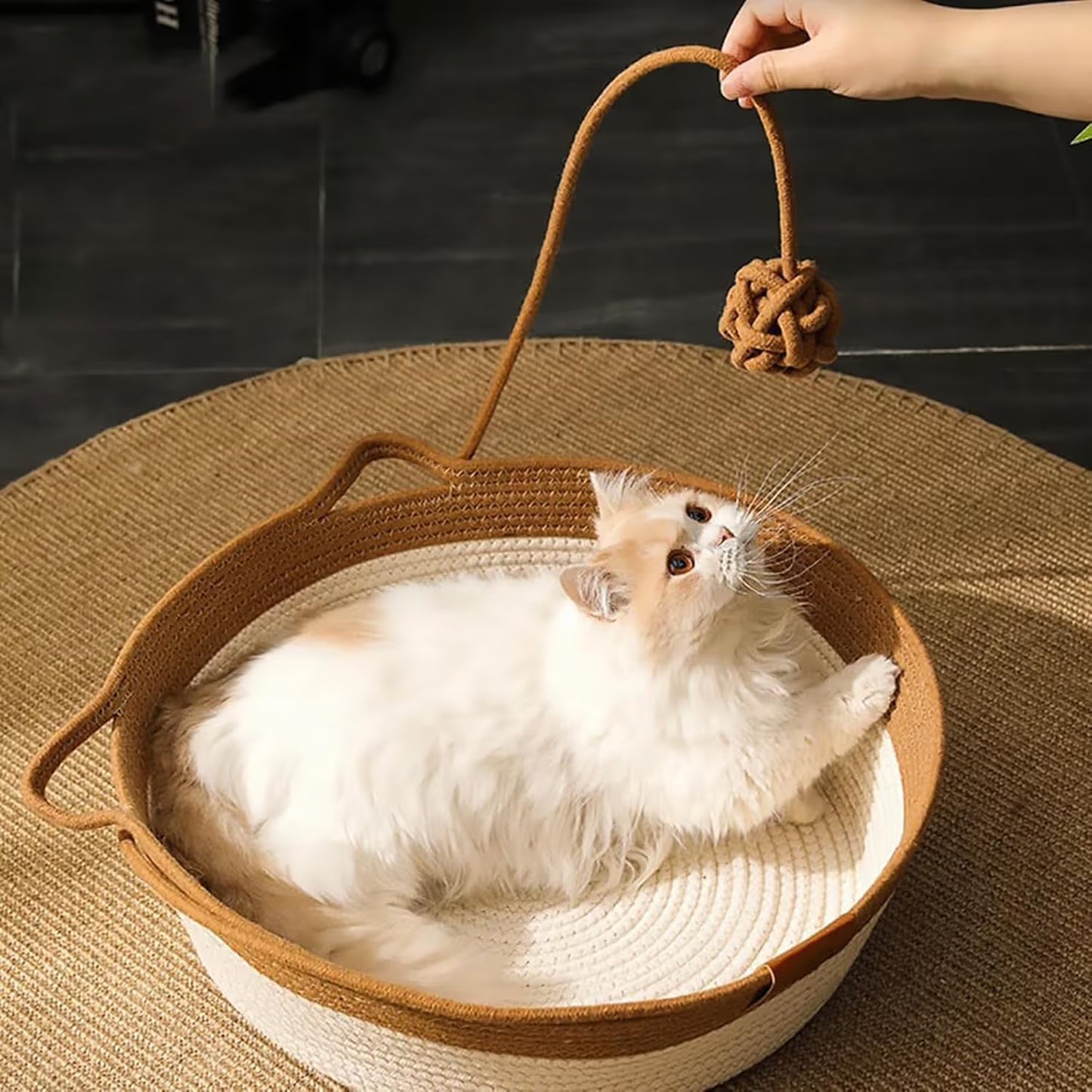 Cat Bed Rope Cotton, Cotton Rope Woven Round Cat Beds Basket with Built-in Teasing Ball, Handwoven Foldable Scratchable for Small & Large pet Gray（L）