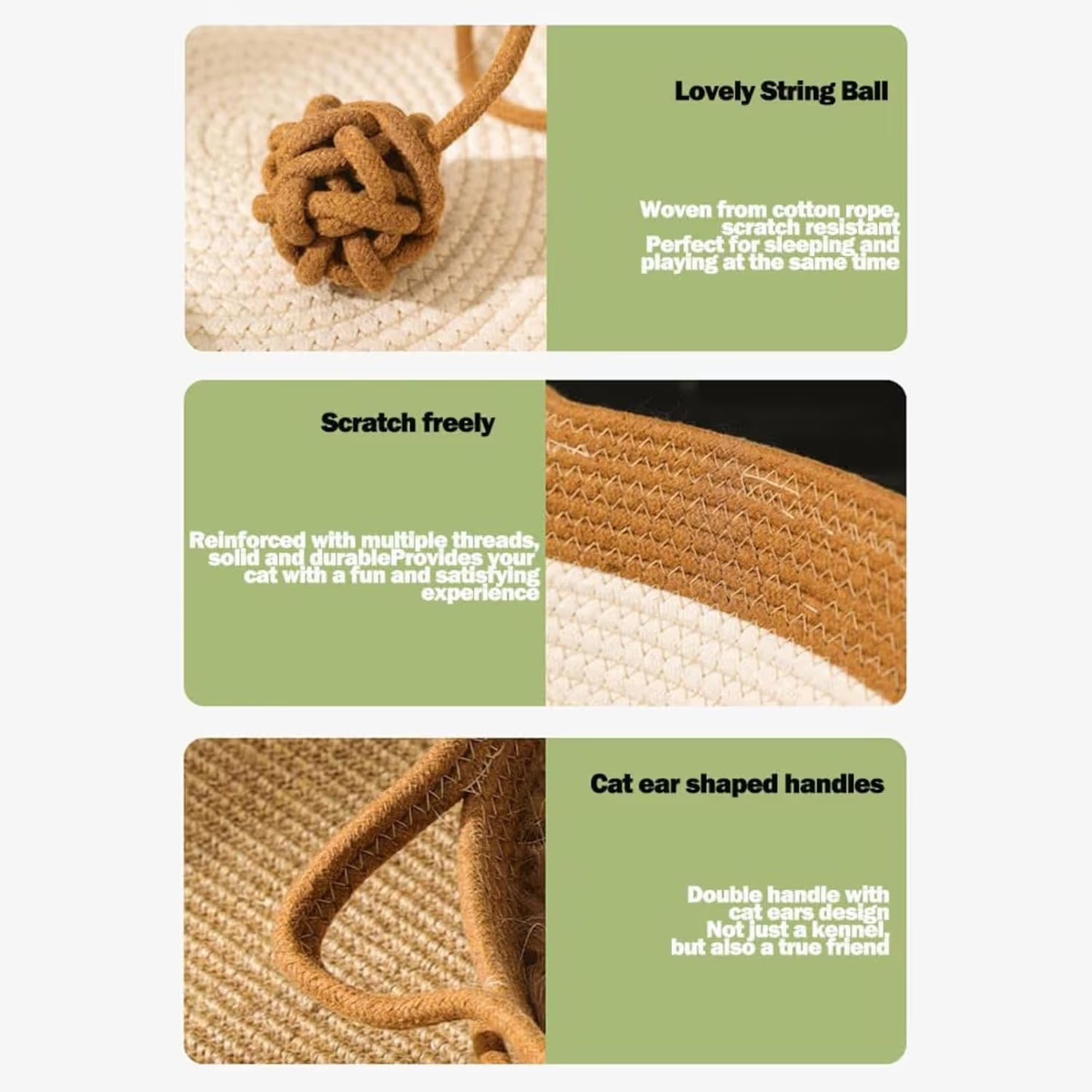 Cat Bed Rope Cotton, Cotton Rope Woven Round Cat Beds Basket with Built-in Teasing Ball, Handwoven Foldable Scratchable for Small & Large pet Gray（L）