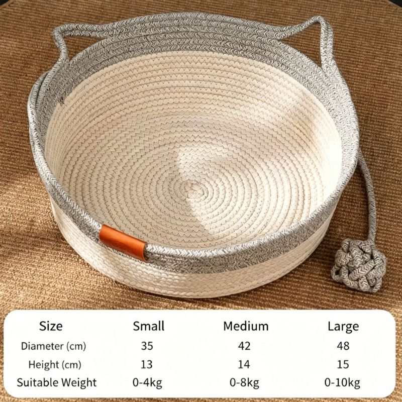 Cat Bed Rope Cotton, Cotton Rope Woven Round Cat Beds Basket with Built-in Teasing Ball, Handwoven Foldable Scratchable for Small & Large pet Gray（L）