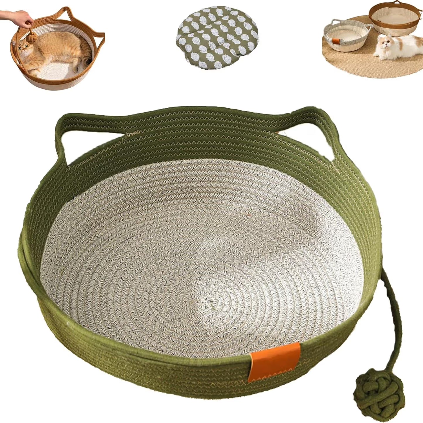 Cat Bed Rope Cotton, Cotton Rope Woven Round Cat Beds Basket with Built-in Teasing Ball, Handwoven Foldable Scratchable for Small & Large pet Green（S）