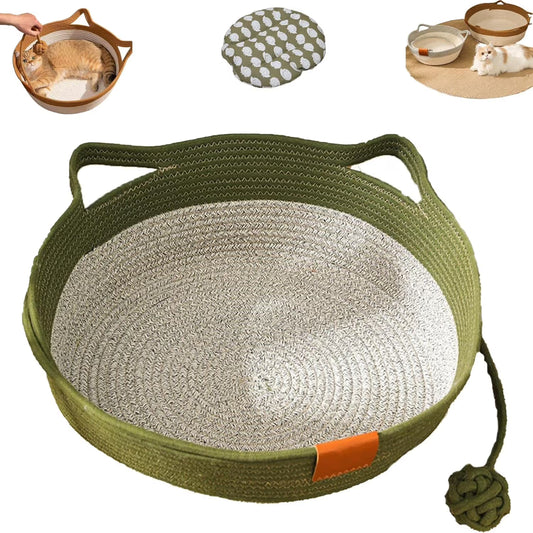 Cat Bed Rope Cotton, Cotton Rope Woven Round Cat Beds Basket with Built-in Teasing Ball, Handwoven Foldable Scratchable for Small & Large pet Green（M）