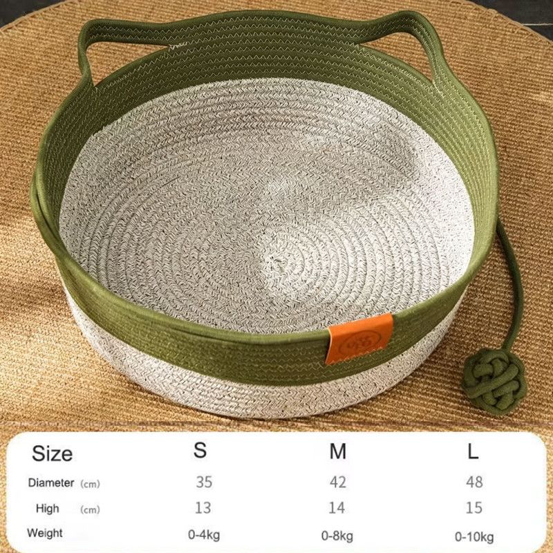 Cat Bed Rope Cotton, Cotton Rope Woven Round Cat Beds Basket with Built-in Teasing Ball, Handwoven Foldable Scratchable for Small & Large pet Green（M）