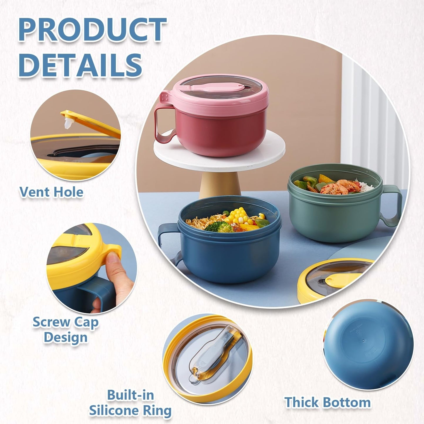 Ramen BBlueowl, Soup Bowls, Microwave Ramen Bowl with Lid, Lunch Box with Lid, Durable and Heat Resistant Bowl for Noodles, Rice, and Soups, Perfect for Home, Office, or School Meals， Z1_Blue