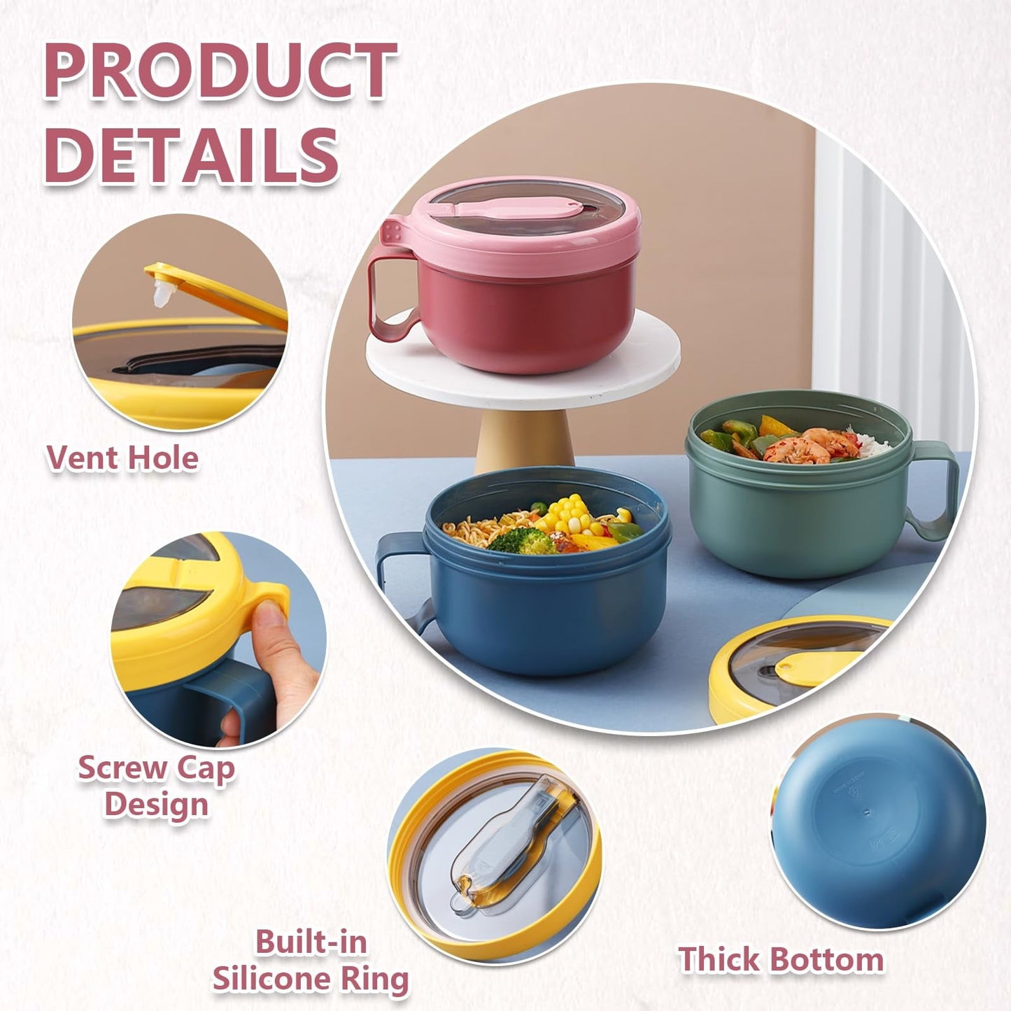 Ramen BBlueowl, Soup Bowls, Microwave Ramen Bowl with Lid, Lunch Box with Lid, Durable and Heat Resistant Bowl for Noodles, Rice, and Soups, Perfect for Home, Office, or School Meals， Z3_Red