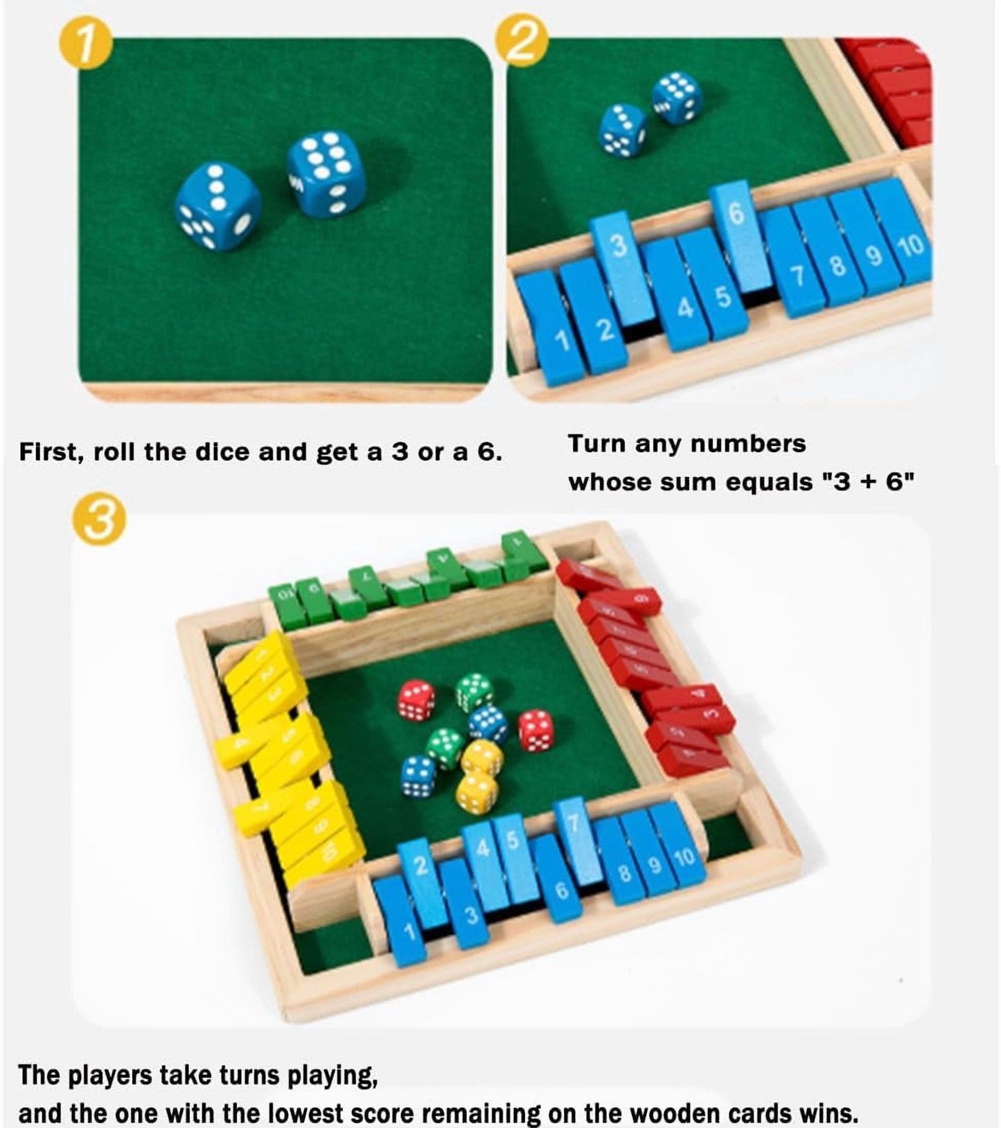 Shut The Box-Wooden Dice Board Game, Funny Family Shut The Box Game 2-4 Player, Board Games Gift for Family and Friends, Educational Table Math Games for Holiday, Party and Classroom(#B) 6playere