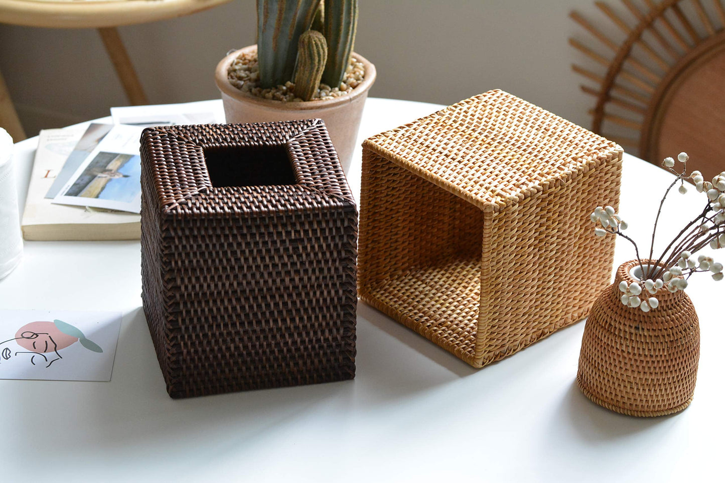[Gazdag]Rattan Tissue Box Cover Square, Hand Woven Wicker Tissue Holder, 5.5 x 5.5 X 5.7 inch, Natural