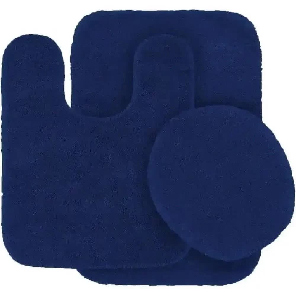 Gorgeous Home Linen Bathroom 6 Modern Solid Print 3-Count Grey Polyester Bath Rugs, 18 x 28, Non-Slip Backing Navy Blue