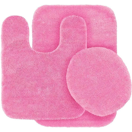 Gorgeous Home Linen Bathroom 6 Modern Solid Print 3-Count Grey Polyester Bath Rugs, 18 x 28, Non-Slip Backing Pink