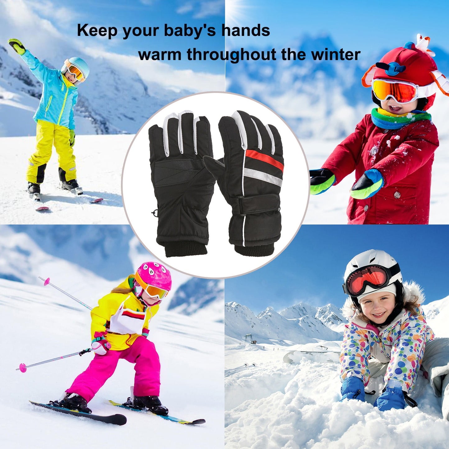TAIAOJING Kids Winter Snow Ski Gloves Kids Winter Warm Windproof Cold Weather Outdoor Sports Gloves For Boys Girls Snow Gloves Ski Gloves One Size Z2 Black