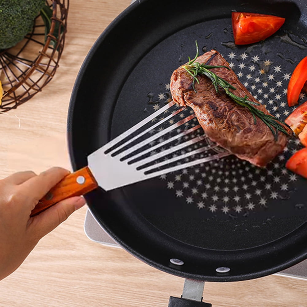 SPRING PARK 2Pcs/Set Wooden Handle Fish Spatula Stainless Steel Large Slotted Turner Heavy Spatula Nonstick Fried Shovel For Kitchen Steak Metal Cookie Flipper Egg Cookie Omelette
