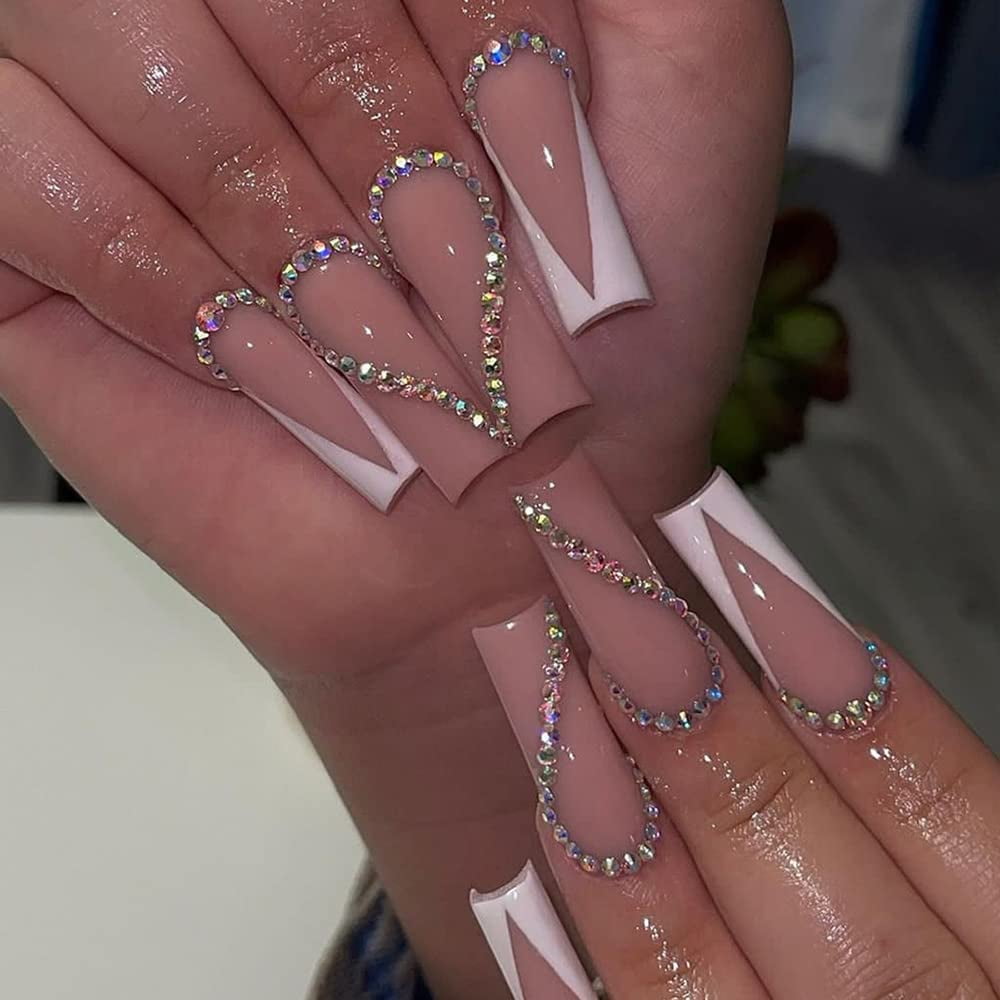 Press on Nails Long Square Shape Nails White Acrylic Nails Glossy Glue on Nails French False Nail Tips with Butterfly Charms and White Flowers Design for Women and Girls, 24Pcs style 1