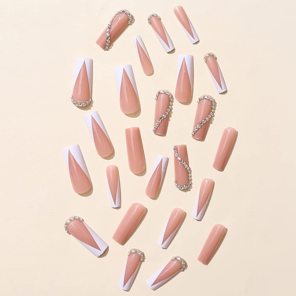 Press on Nails Long Square Shape Nails White Acrylic Nails Glossy Glue on Nails French False Nail Tips with Butterfly Charms and White Flowers Design for Women and Girls, 24Pcs style 1