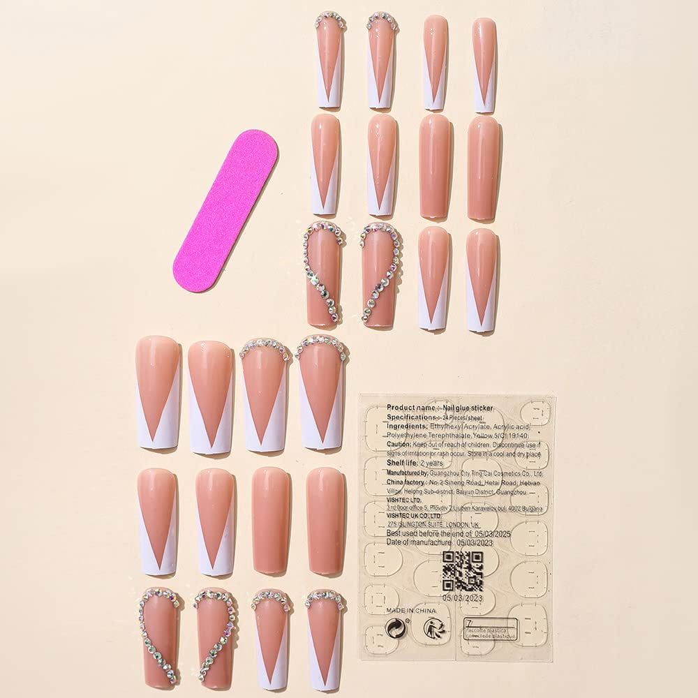 Press on Nails Long Square Shape Nails White Acrylic Nails Glossy Glue on Nails French False Nail Tips with Butterfly Charms and White Flowers Design for Women and Girls, 24Pcs style 1