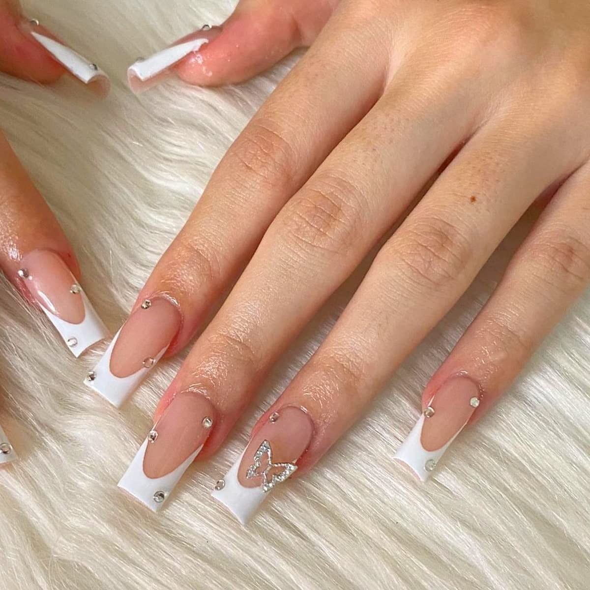 Press on Nails Long Square Shape Nails White Acrylic Nails Glossy Glue on Nails French False Nail Tips with Butterfly Charms and White Flowers Design for Women and Girls, 24Pcs style 10