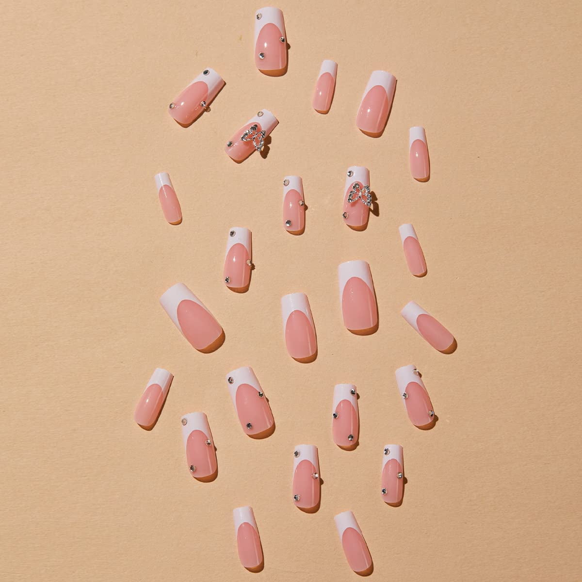 Press on Nails Long Square Shape Nails White Acrylic Nails Glossy Glue on Nails French False Nail Tips with Butterfly Charms and White Flowers Design for Women and Girls, 24Pcs style 10